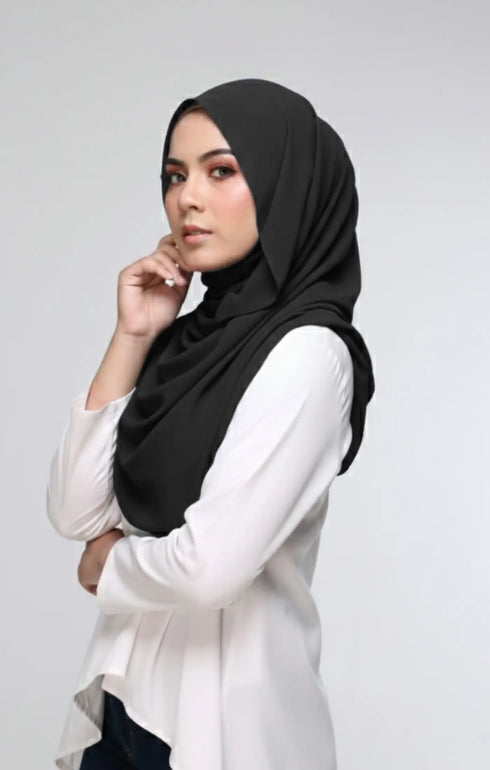 Semi Instant Shawl Hijab Black side view highlighting flowy edge and generous width