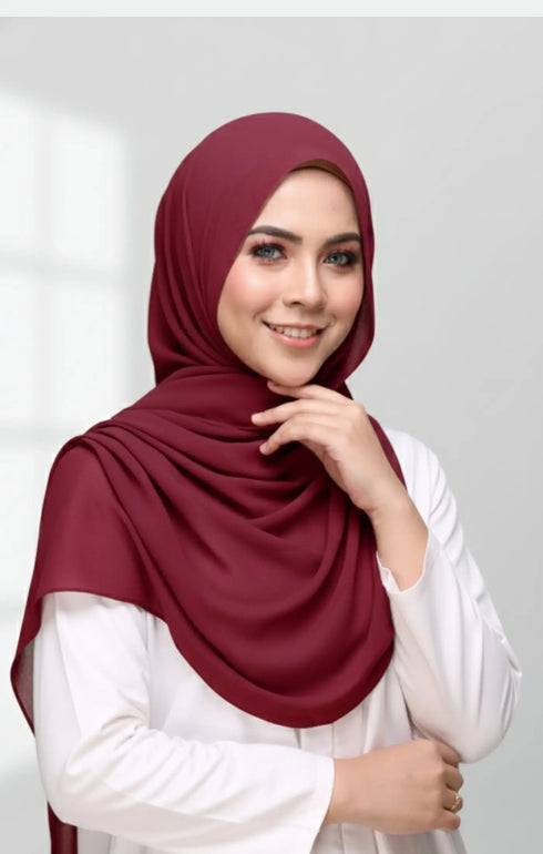 Semi Instant Shawl Plain Maroon side drape view highlighting flowing edge and generous width