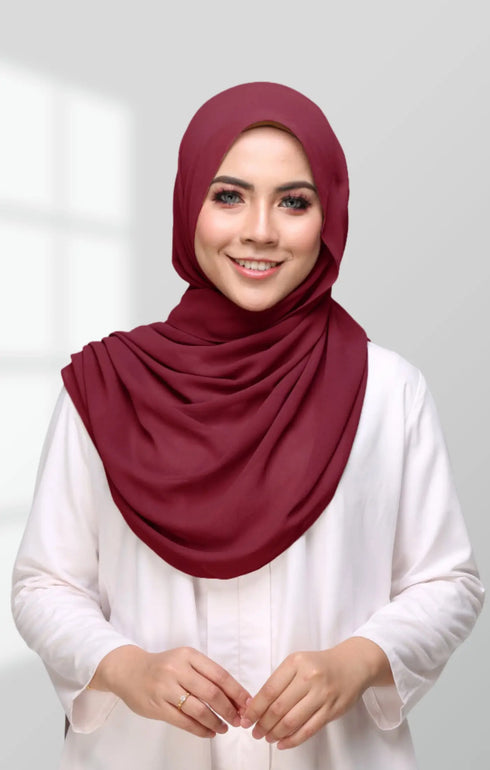 Semi Instant Shawl Plain Maroon front drape view showing full length and premium Korean chiffon