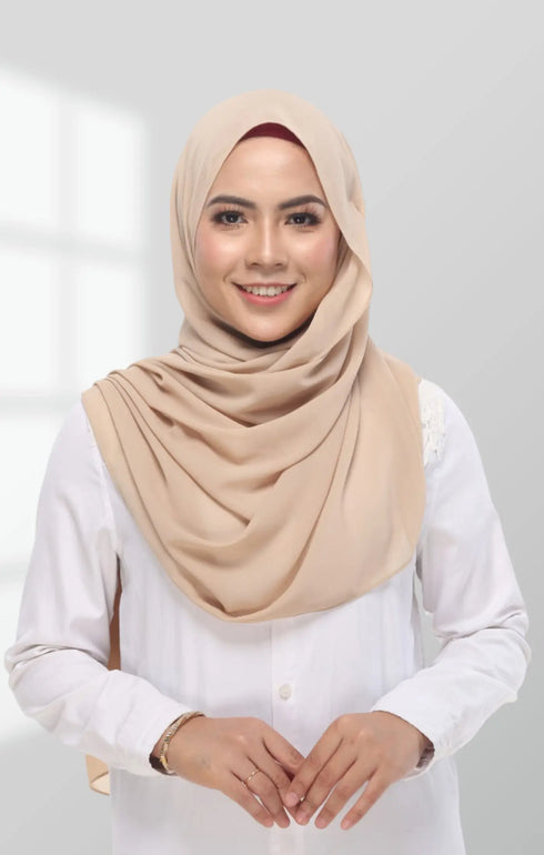 Woman wearing a Semi Instant Shawl Nude front drape view showing full length and premium Korean chiffon background