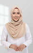 Woman wearing a Semi Instant Shawl Nude front drape view showing full length and premium Korean chiffon background