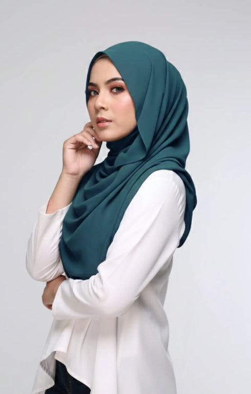 Semi Instant Shawl Plain Teal Green side drape view highlighting flowing edge and generous width
