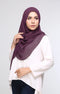 Woman wearing Dusty Magenta Semi Instant shawl Plain front drape view showing full length and chiffon softness and Shirt white top on a light gray background