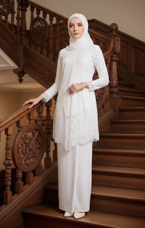 Kebaya Moden Pearl White side view on model highlighting long straight sleeves