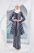 Model wearing Liyana 2.0 Kebarung Linen Blue Black Stripe displaying overall drape and styling