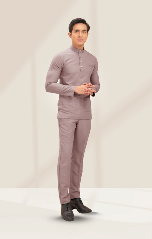 Detail view of Naufal Baju Melayu Cekak Musang Smokey Purple button and fabric finish