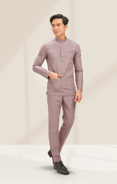 Naufal Baju Melayu Cekak Musang Smokey Purple side view highlighting pocket detail