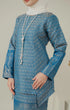 Fabric close up C Luxe Kurung Kedah Teal Blue showing dyed brocade texture and pattern
