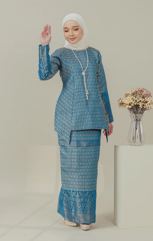 Front view C Luxe Kurung Kedah Teal Blue showing brocade kurung design and fit