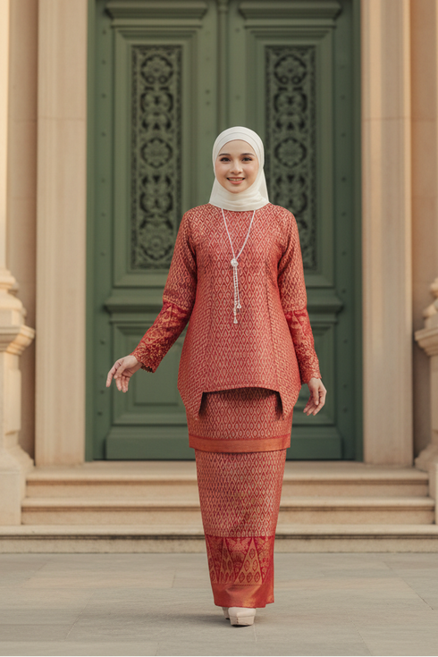 Woman wearing a C Luxe Kurung Kedah Maroon patterned traditional outfit with a white hijab, standing next to a small table with a vase of flowers.