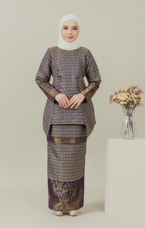 Front view C Luxe Kurung Kedah Navy Blue showing brocade kurung design and fit