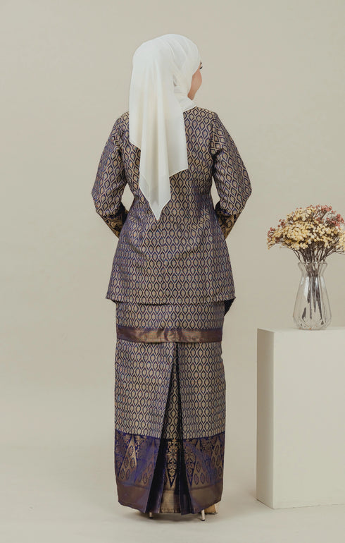 Back view C Luxe Kurung Kedah Navy Blue showing back zip and two layer skirt detail