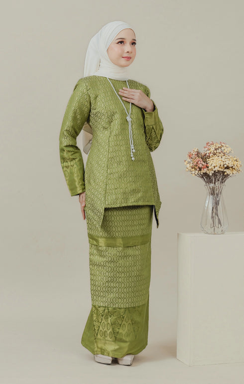 Front 2nd view C Luxe Kurung Kedah Olive showing brocade kurung design and fit