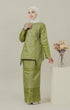 Side view C Luxe Kurung Kedah Olive highlighting long straight sleeve and silhouette