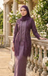 Woman styling kebaya Kutu Baru Dusty Magenta front view with long straight sleeve and shoulder pad detail with floral decorations.