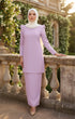 Woman in a Kurung moden plain Dusty Purple full outfit view with greenery in the background