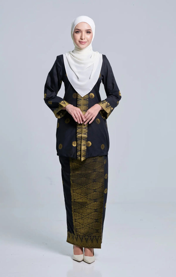 Front view Seroja Kebaya Black Gold showing kebaya moden songket design and fit