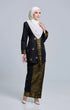 Woman wearing a traditional Seroja Kebaya Black Gold outfit with a hijab on a gray background