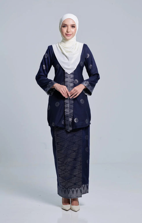 Front view Seroja Kebaya Blue Black Silver showing kebaya moden songket design and fit