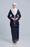 Front view Seroja Kebaya Blue Black Silver showing kebaya moden songket design and fit