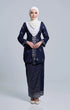Front view Seroja Kebaya Blue Black Silver showing kebaya moden songket design and fit