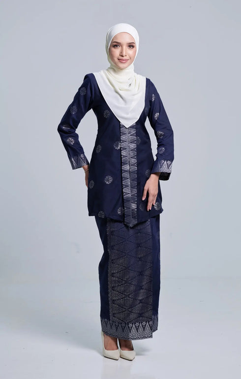 Front view Seroja Kebaya Blue Black Silver showing kebaya moden songket design and fit