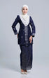 Front view Seroja Kebaya Blue Black Silver showing kebaya moden songket design and fit