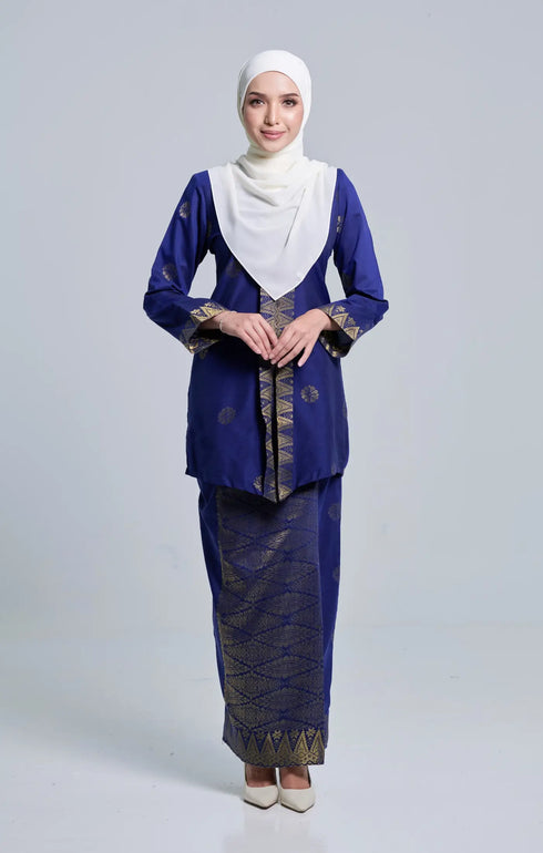 Front view Seroja Kebaya Royal Blue Gold showing kebaya moden songket design and fit