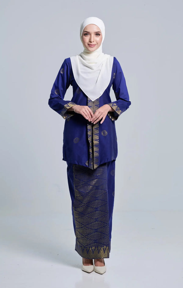 Front view Seroja Kebaya Royal Blue Gold showing kebaya moden songket design and fit