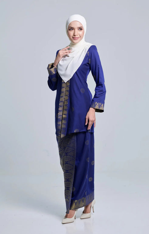Side view Seroja Kebaya Royal Blue Gold highlighting long straight sleeve and silhouette