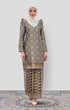 Front view Rabai Kurung Moden Black Gold showing brocade woven design and regular fit with a instant shawl white hijab on a plain background