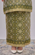 Traditional Kurung Moden Emerald Green Gold showing dyed brocade texture and gold highlights on a plain background