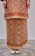 Kurung Moden Maroon Gold Orchid Traditional outfit on a person standing on a patterned floor.