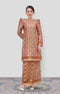 Front view Kurung Moden Maroon Gold Orchid showing brocade woven design and regular fit