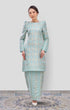 Front view Rabai Kurung Moden Mint Green Gold showing brocade woven design and regular fit