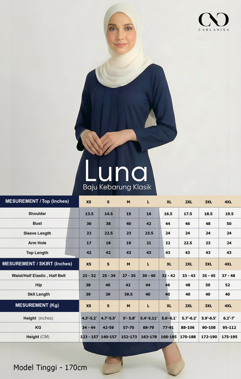 Luna Kebarung Klasik size chart XS to 4XL measurement guide for perfect fit