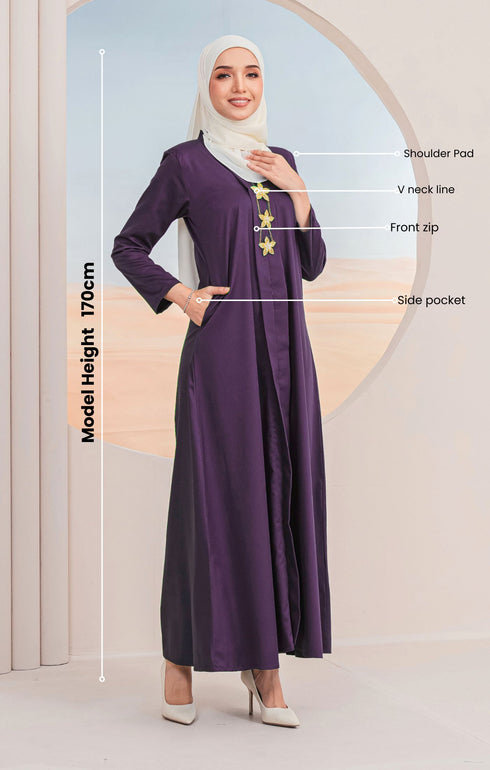 Jubah Kebarung Klasik Dark Purple front view on model showing V-shape neck and cuff bell sleeves
