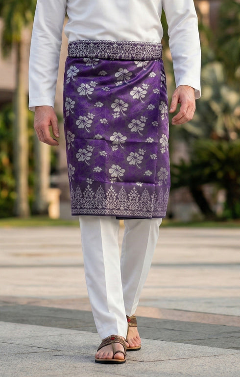Man wearing Sampin Instant Raya Tenun Purple Silver with Baju Melayu traditional outfit front view showing purple and silver pattern contrast outdoors.