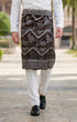 Man wearing Sampin Instant Kasturi Tenun Brown Silver with Baju Melayu traditional outfit front view highlighting velcro waist and weave texture