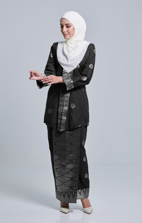 Side view Seroja Kebaya Black Silver highlighting long straight sleeve and silhouette