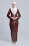 Front view Seroja Kebaya Dark Maroon Silver showing kebaya moden songket design and fit
