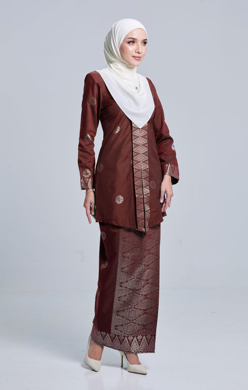 Side view Seroja Kebaya Dark Maroon Silver highlighting long straight sleeve and silhouette