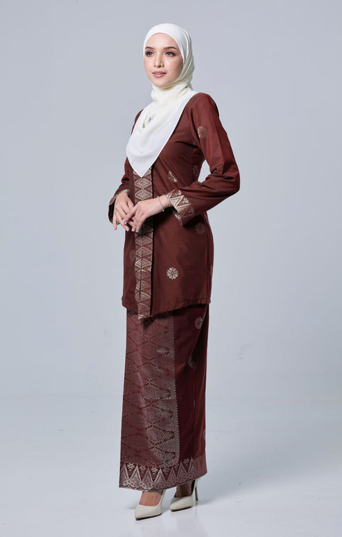 Side view 2 Seroja Kebaya Dark Maroon Silver highlighting long straight sleeve and silhouette
