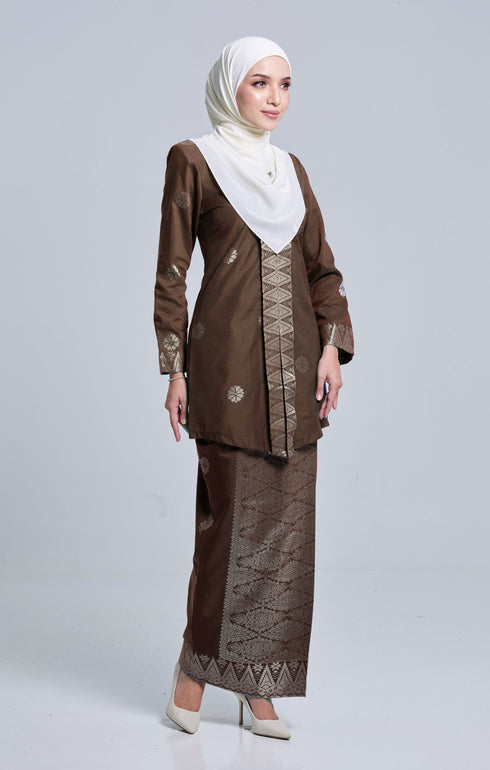 Side view Seroja Kebaya Rich Brown Silver highlighting long straight sleeve and silhouette