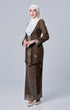 Side view 2 Seroja Kebaya Rich Brown Silver highlighting long straight sleeve and silhouette