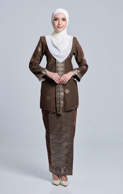 Front view Seroja Kebaya Rich Brown Silver showing kebaya moden songket design and fit