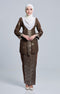 Front view Seroja Kebaya Rich Brown Silver showing kebaya moden songket design and fit