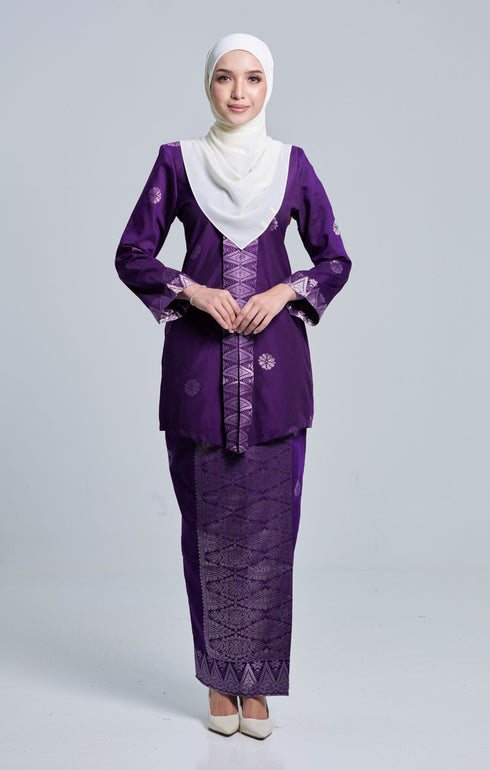 Front view Seroja Kebaya Purple Silver showing kebaya moden songket design and fit