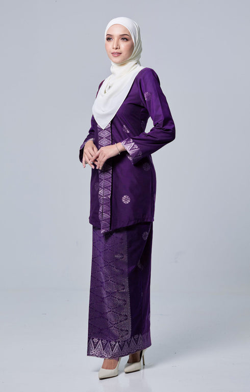 Side view Seroja Kebaya Purple Silver highlighting long straight sleeve and silhouette