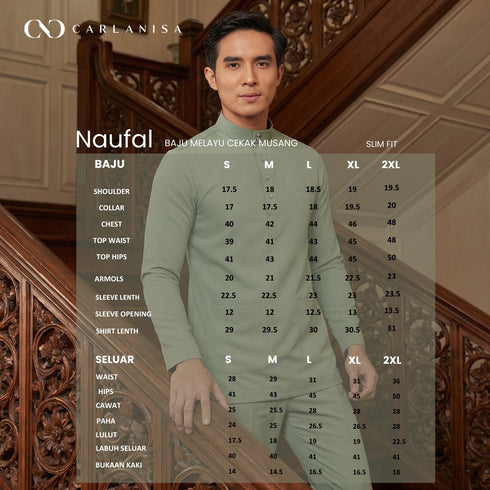 Size chart for Naufal Baju Melayu Cekak Musang Emerald Green showing measurements XS to 2XL